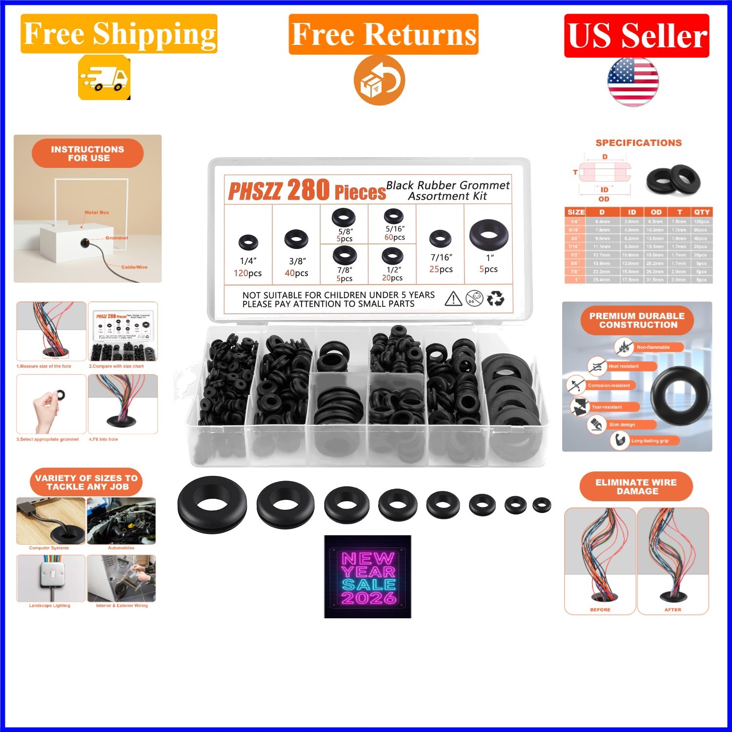 280 pcs Rubber Grommet Kit, 8 Sizes for Wiring, Automotive & Plumbing