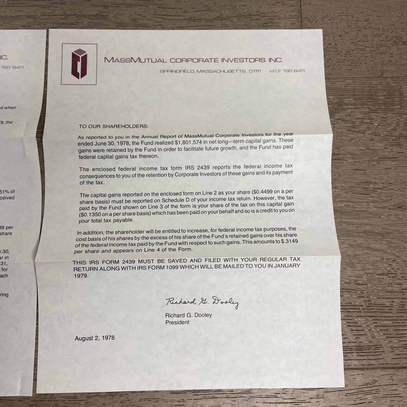 MassMutual Stock 1978 Quarterly Dividend Stock Report Letter & 1099 Notice