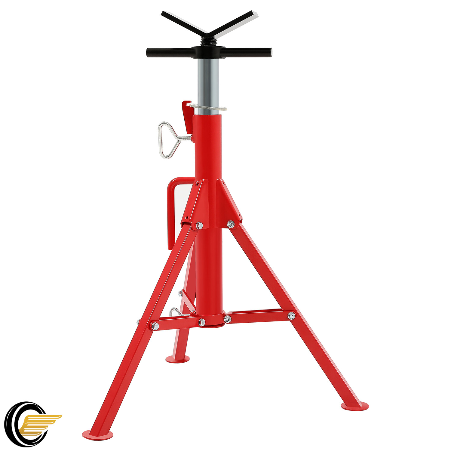 V-Head Pipe Stand Folding Tripod Jack 28″-52″ Height 12″ Pipe 2500LB Steel Red