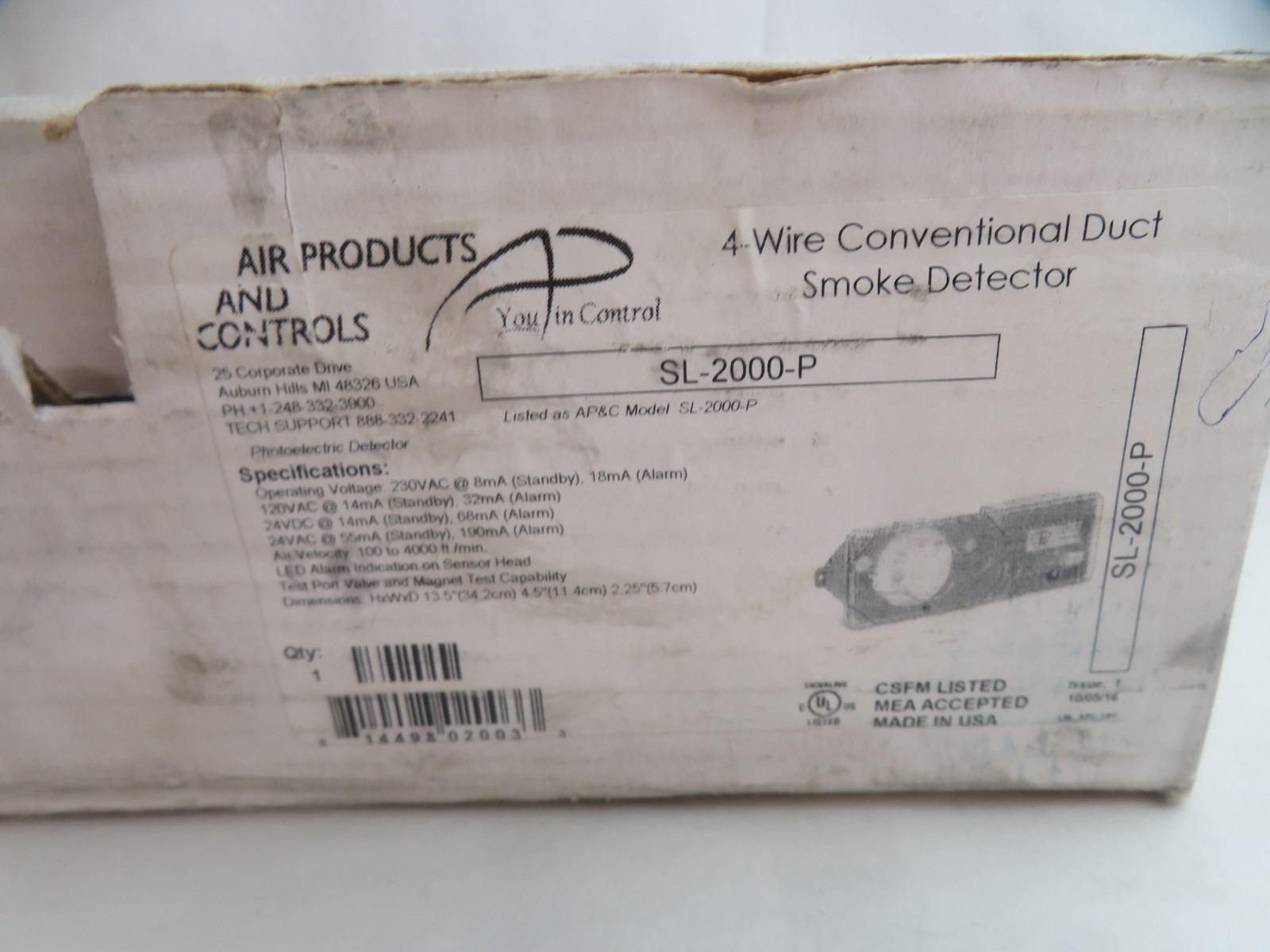 APC SL-2000-P Air Products And Controls 4-Wire Photoelectric Duct Smoke Detector