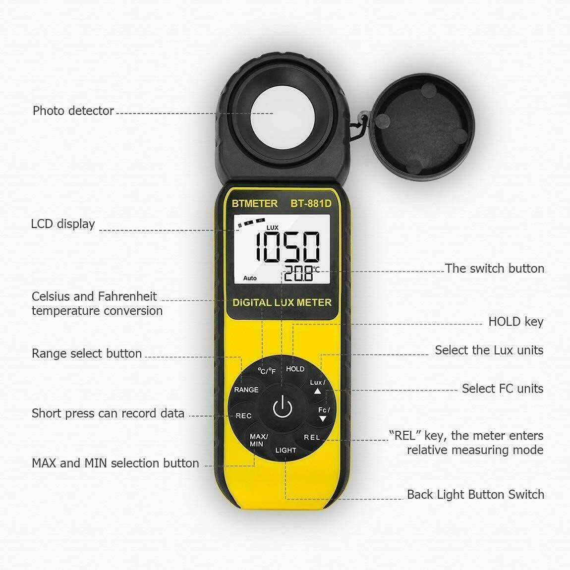HoldPeak Digital Illuminance Meter 400,000Lux Lux/Fc Luxmeter Light Meter