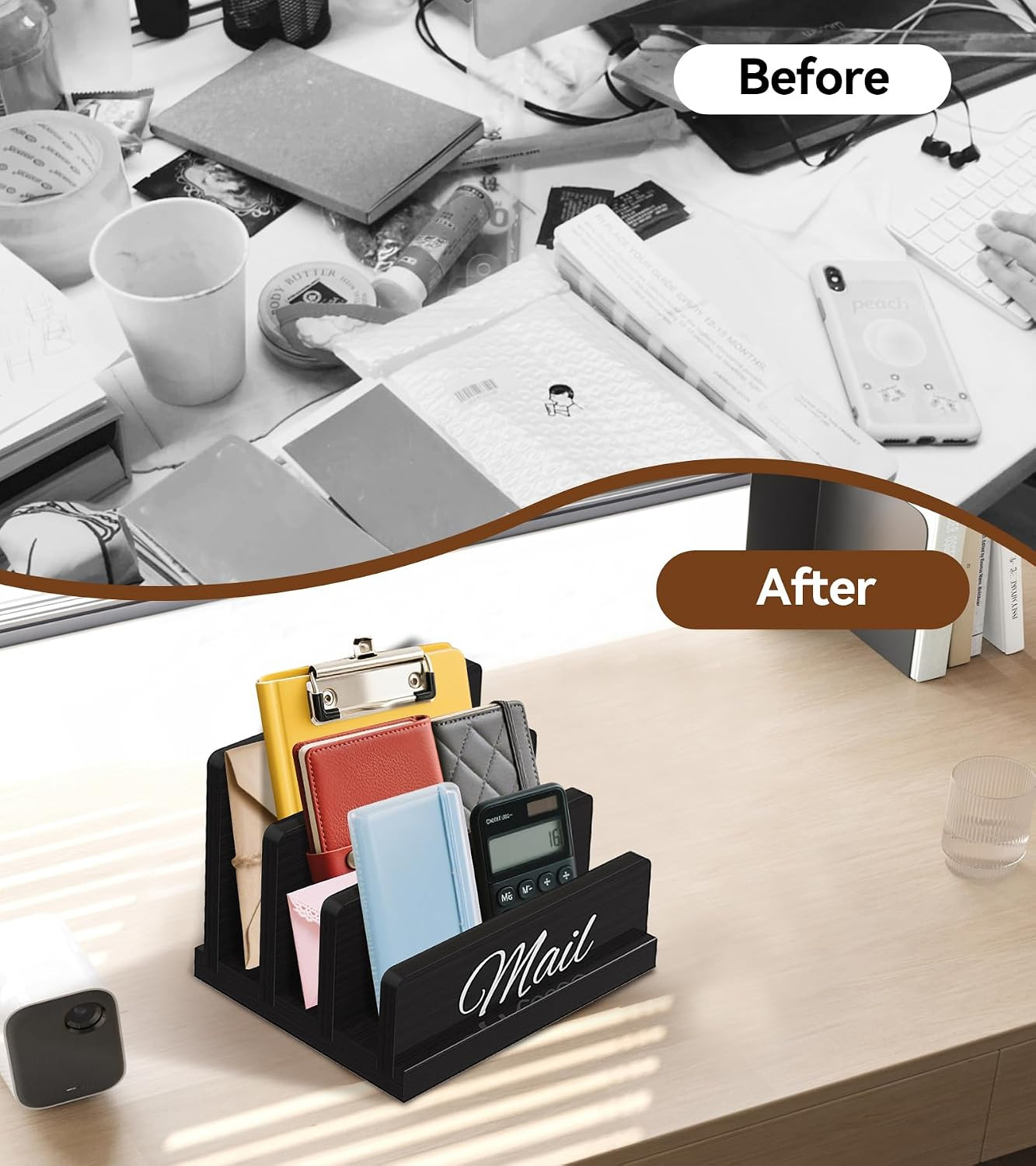 Mail Organizer for Desk, Wooden Mail Holder with Divider, 3-Slot | Sorter File H