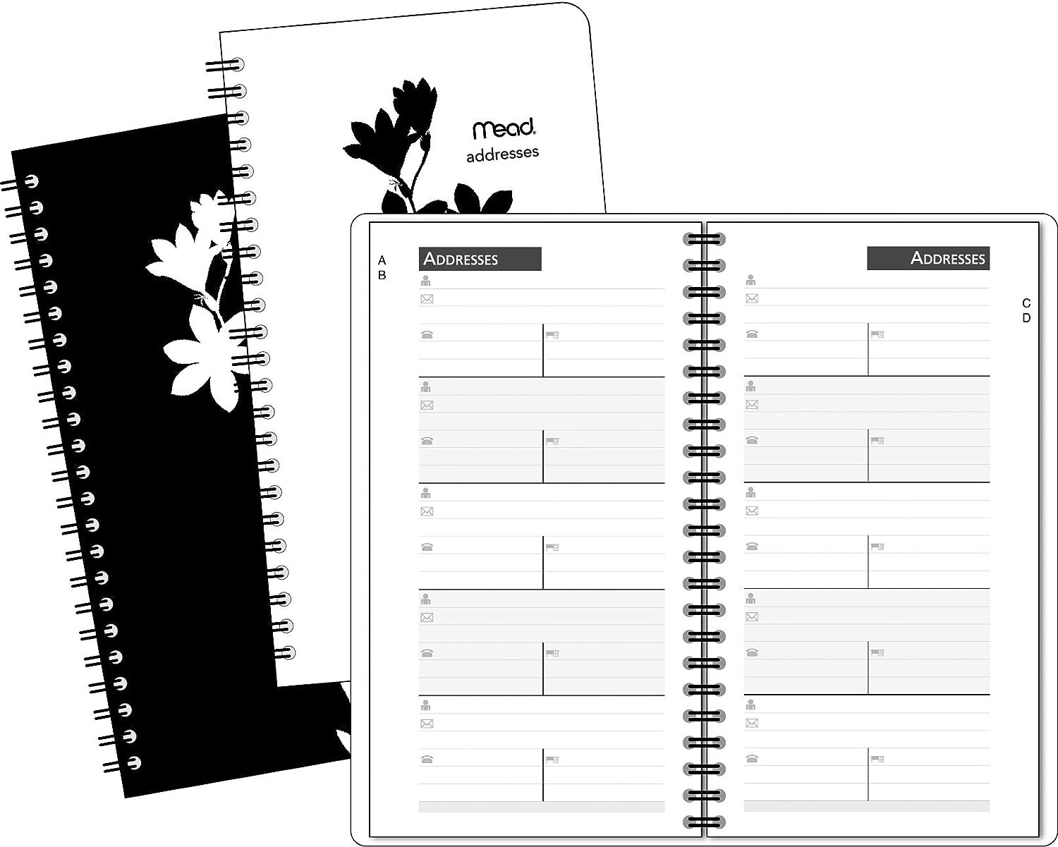Mead Pocket Floral Address Book. 3 1/2″ x 6 1/4″ Colors Vary Black or White 1 PK