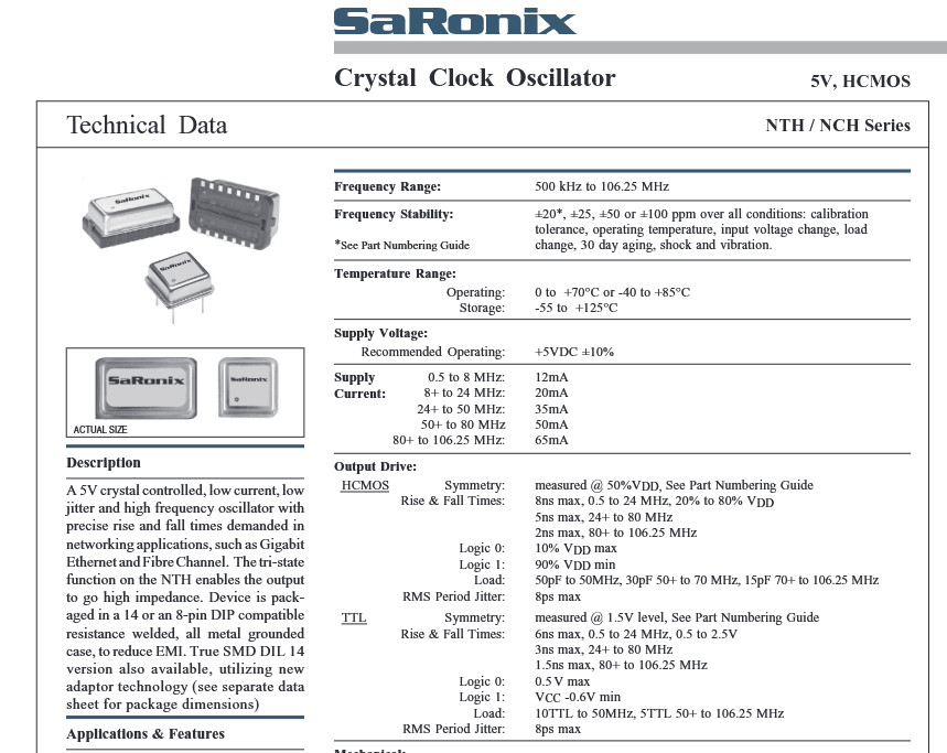 QTY (10) 20 MHz FULL SIZE OSCILLATORS 5V HCMOS NTH060A-20.0000M SARONIX