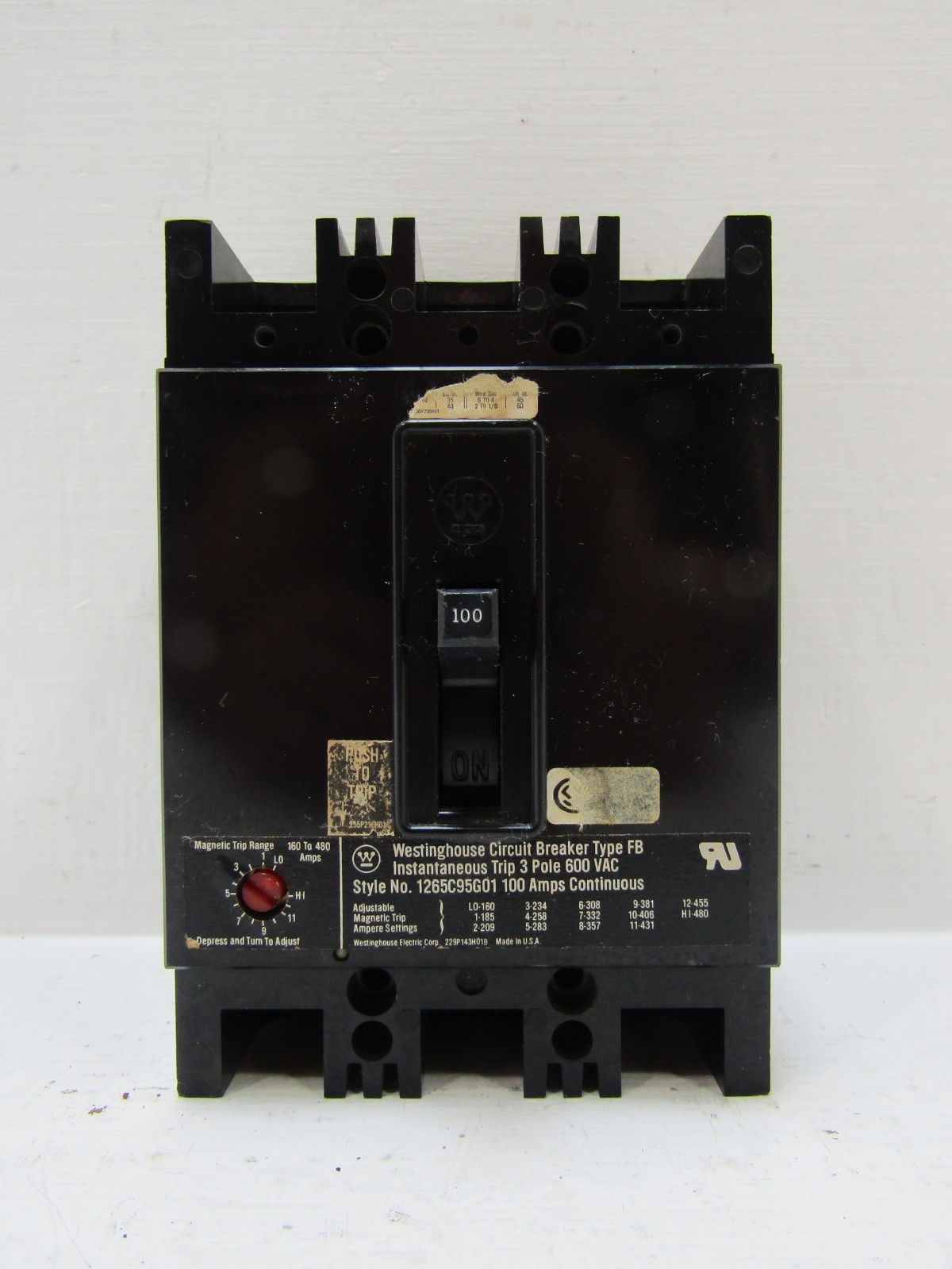 Westinghouse 1265C95G01 100 Amp 600V 3-Pole Type FB Circuit Breaker 100A 3P