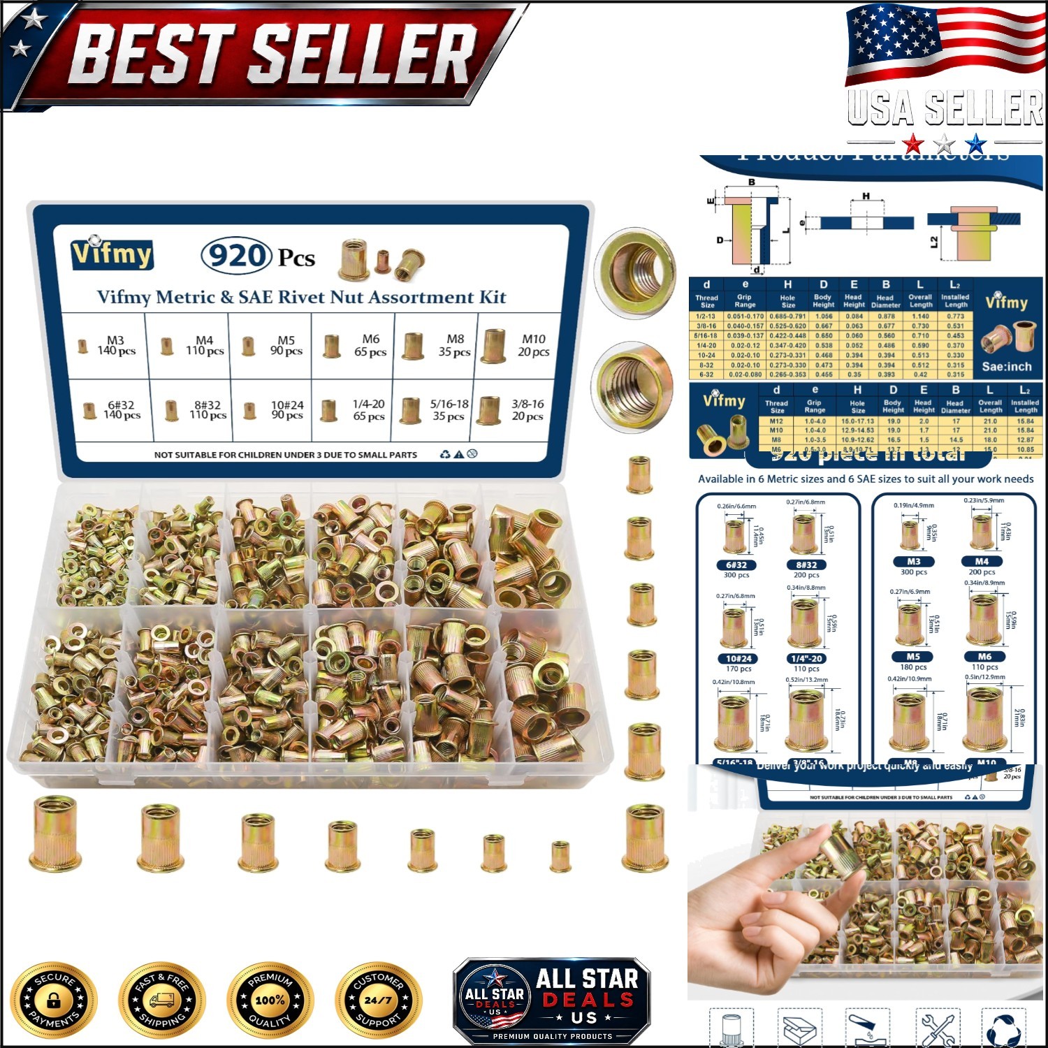 Durable Rivet Nut Assortment Kit, 920 Pcs – Zinc Plated for Extra Protection