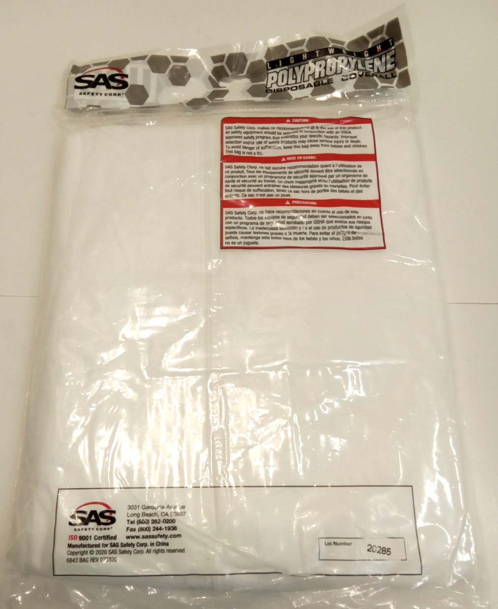SAS Safety 6843 Lightweight Polyproylene Disposable Coverall Full Zip Large