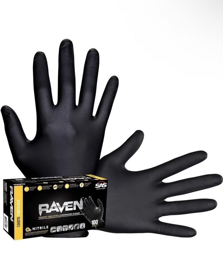 SAS Raven Black Nitrile Gloves Powder Free 7mil BUNDLE OF 4 (100 Gloves/Box)
