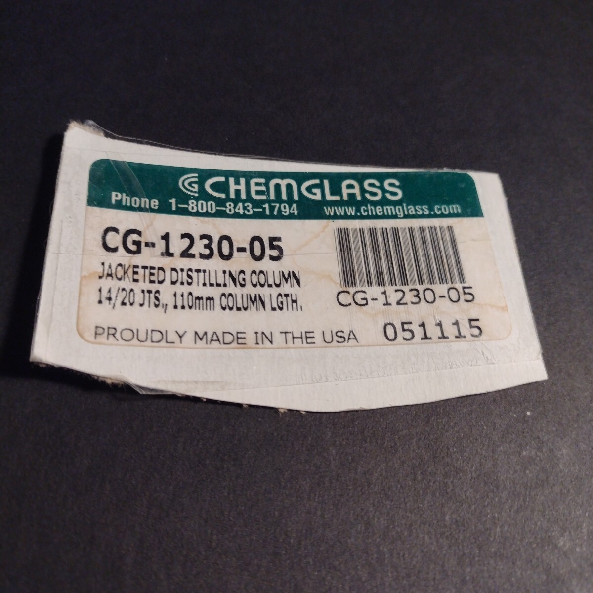 Chemglass Distilling Column, Water Jacketed, 14/20 Joint, 110mm CG-1230-05