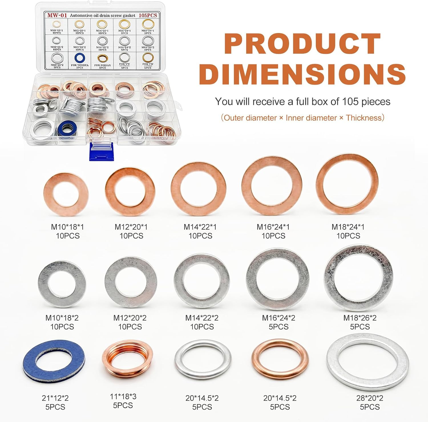 105 PCS Car Oil Drain Plug Gaskets Assortment, ID M10 M12 M14 M16 M18 M20 Engine