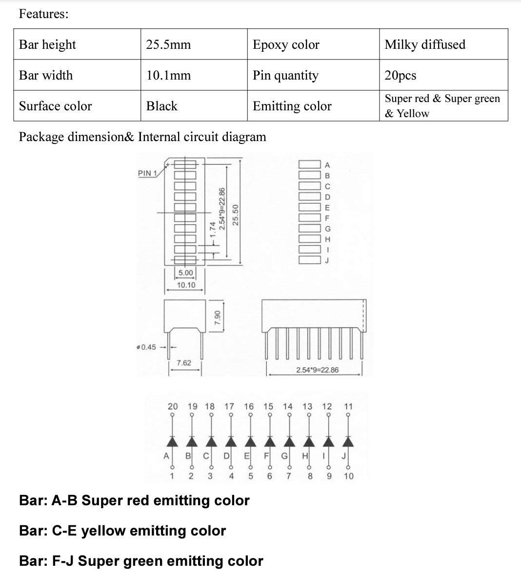 New 2pcs. 10 Segment LED Bar Graph Display 3 Colors2xSuper Red+3xYellow+5xSup…