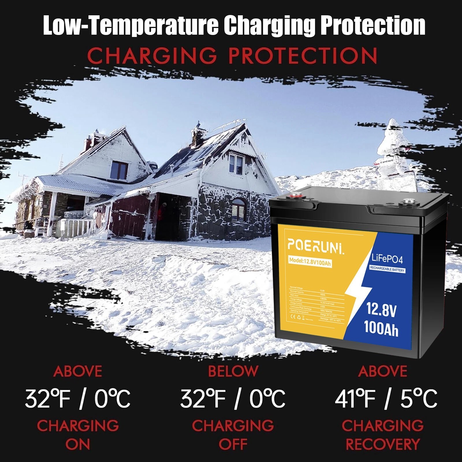 POERUNI 100Ah 12.8V LiFePO4 Lithium Battery with BMS 100Ah + 14.6V 20A Charger