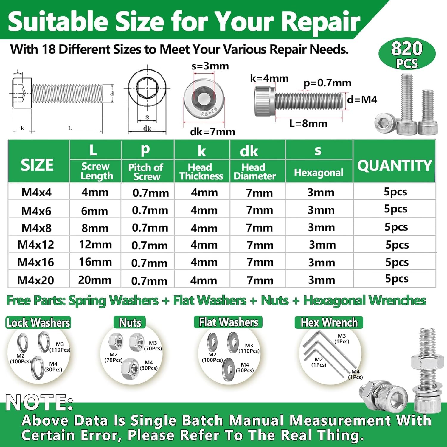 820PCS M2 M3 M4 Screws Nuts Set Stainless Steel Hex Bolt Assortment Kit w/Wrench