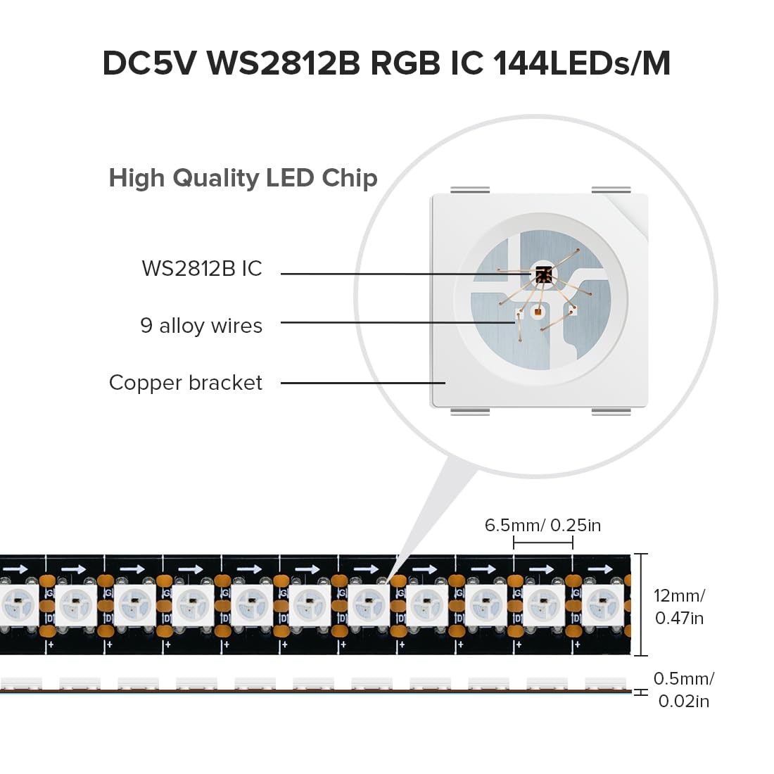 Black WS2812B LED Strip Light 3.3 Ft 144 LEDs IP30