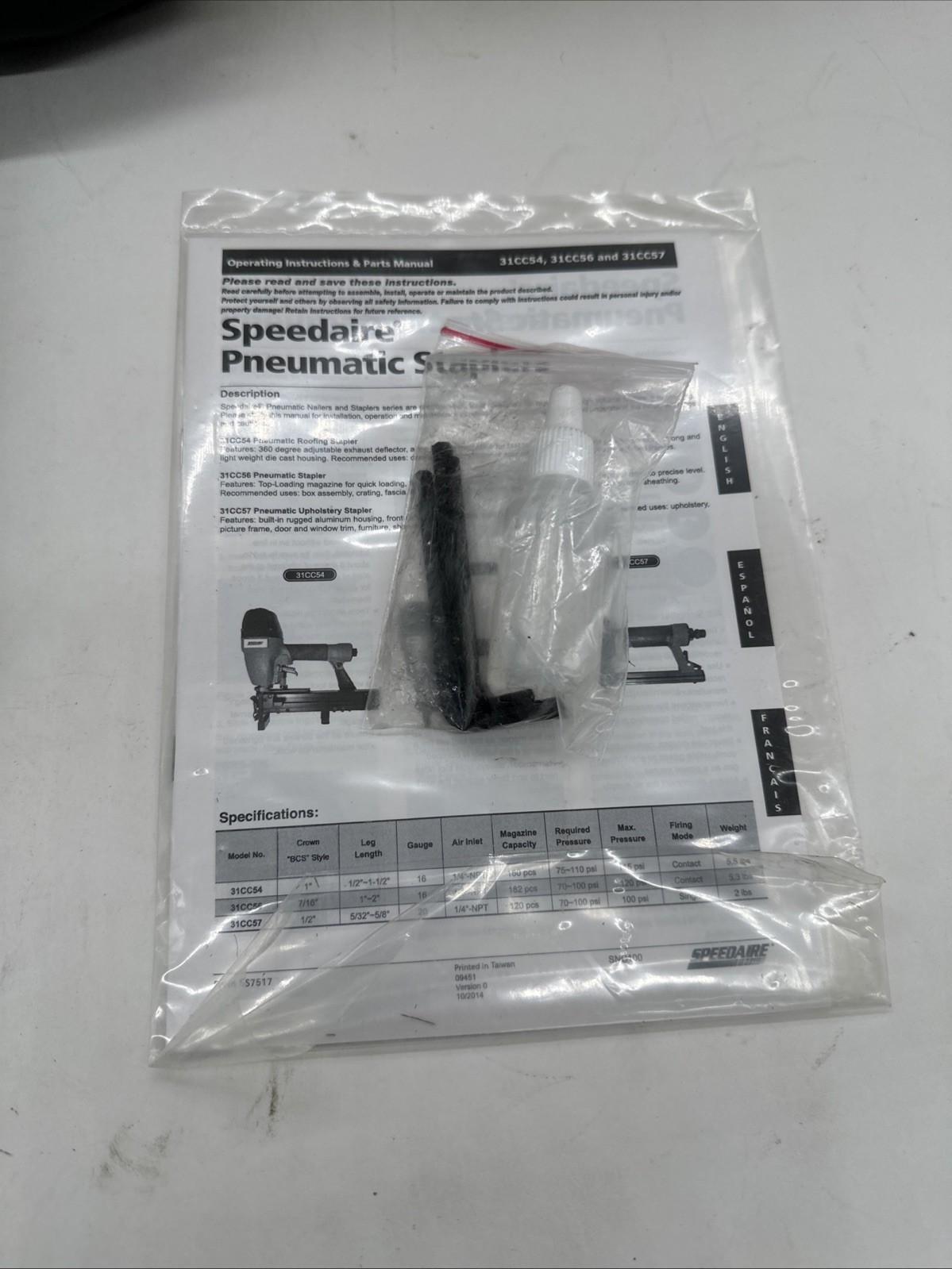 SPEEDAIRE 31CC54 Staple Gun,110 psi,0.037 cfm,Air Powered 31CC54
