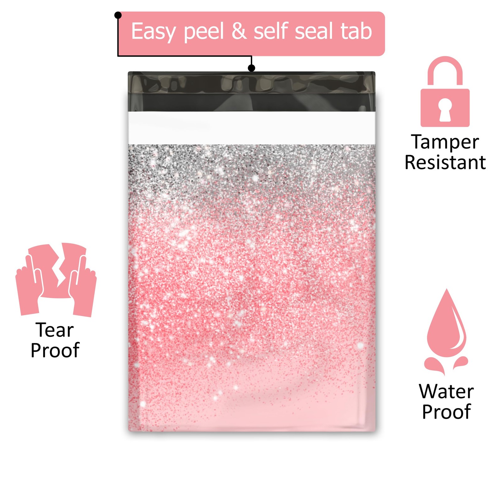 10×13 (100) Pink Glitter Transition Valentine’s Day Designer Poly Mailers Wat…