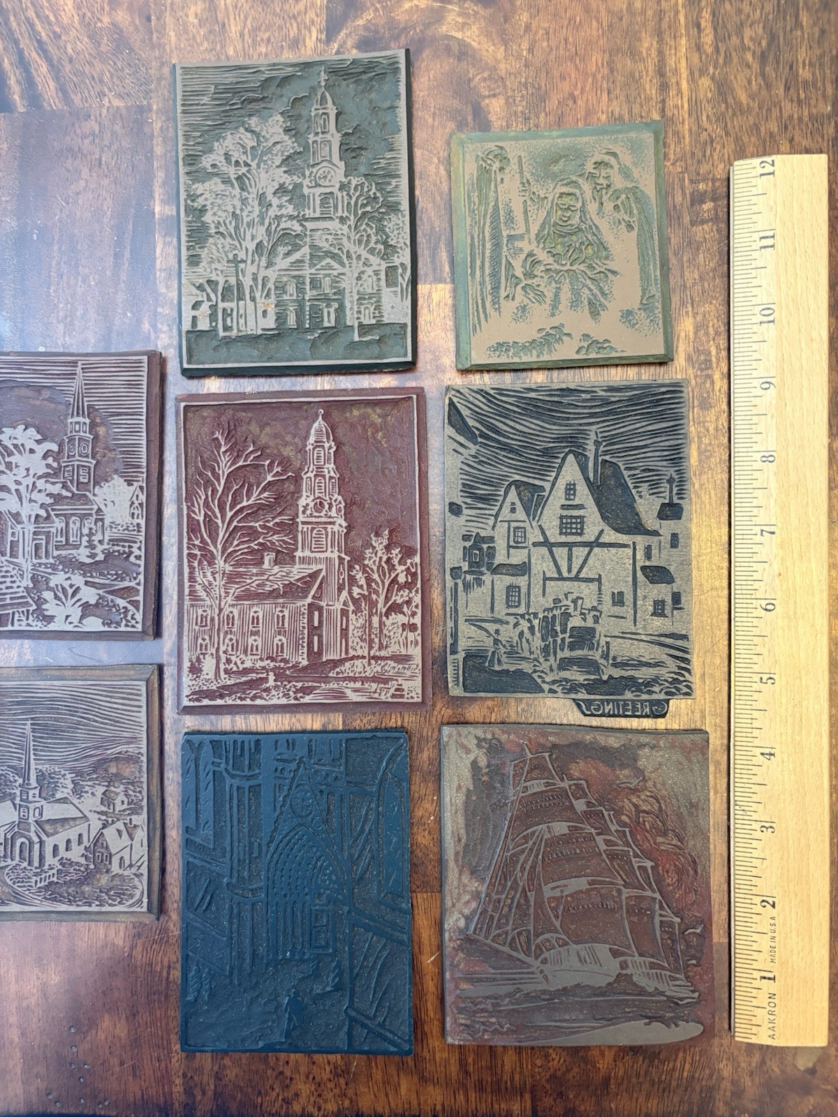 Lot Of 8 Vintage Carved Printing Blocks Religious Sailing
