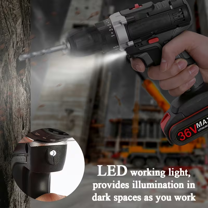 Rechargeable Electric Drill, Equipped with Drill, LED Lighting, Portable Multi