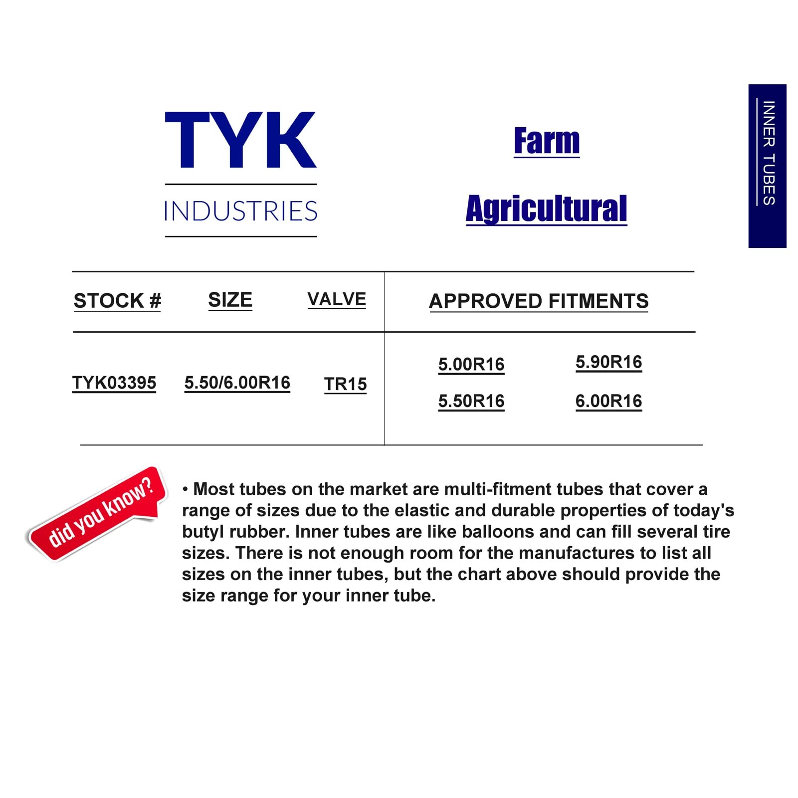 TYK Industries 5.00-16, 5.50-16, 5.90-16, 6.00-16 Farm Tractor Tire Onesize
