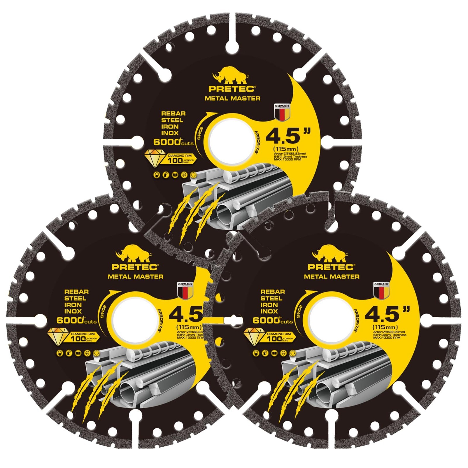 Diamond Cutting Wheel 4 1/2 Inch Metal Cut-Off with 6000+ Cuts on Rebar – 3 Pack