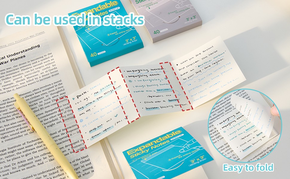 Expandable Sticky Notes, 4 Pack 3×3 Inch White Self-Stick Pads | 40 sheets per