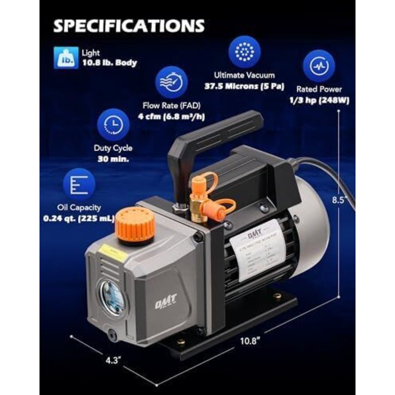 Orion Motor Tech Vacuum Pump, 4 cfm 1/3 hp HVAC Single Stage Vacuum Pump, Grey
