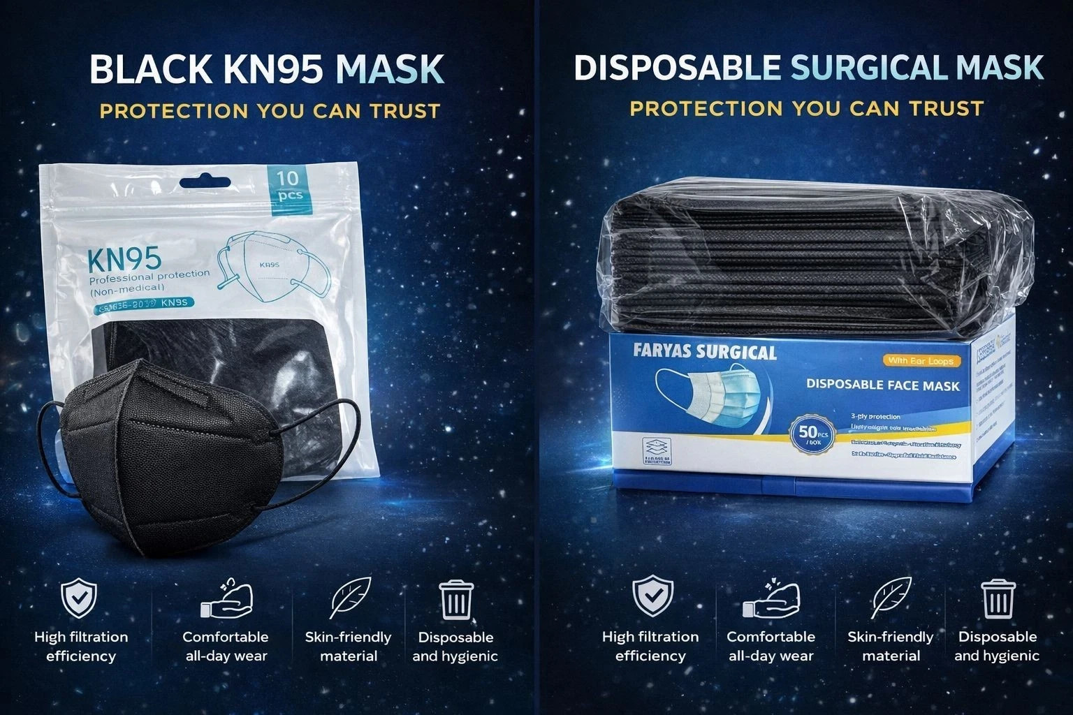 KN95 Face Masks, Breathable Comfortable and Disposable KN95 Mask, Black 10/50