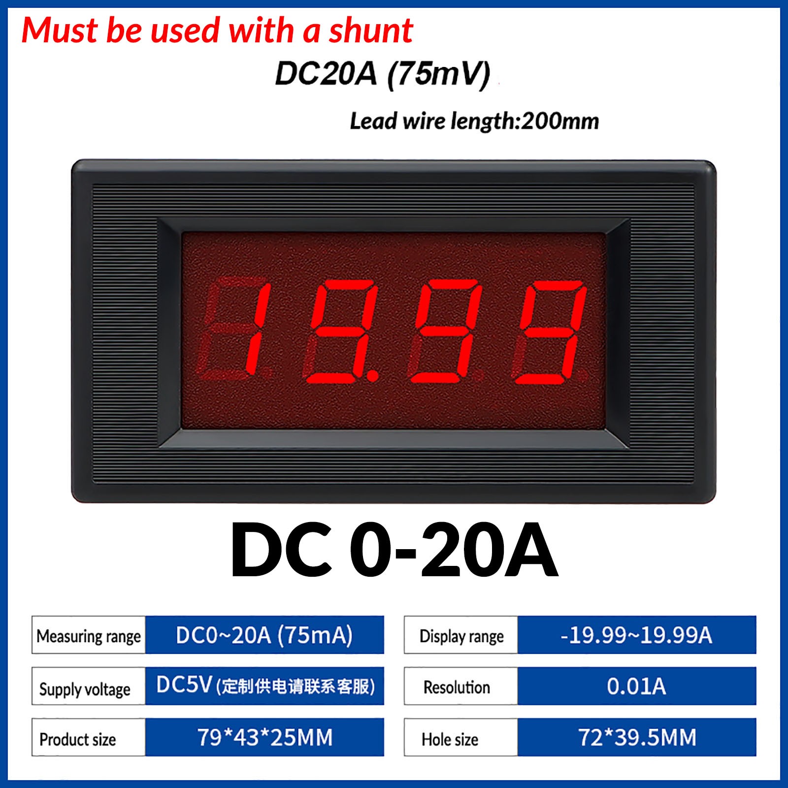 DC 0-1000V/1000A Digital Voltmeter Ammeter 3Digit LED display Tester Panel/Shunt