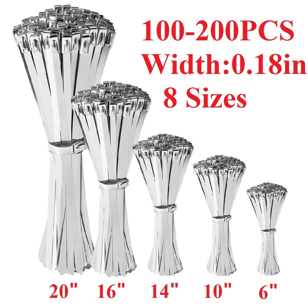100-200Pcs Metal Stainless Steel Cable Zip Ties Heavy Duty Self-Locking 6″-20″