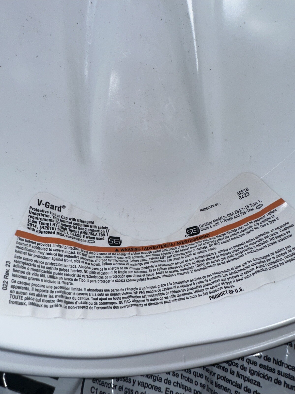 Msa Safety 463942 V-Gard Front Brim Hard Hat, Slotted, Cap Style, Type 1, Class