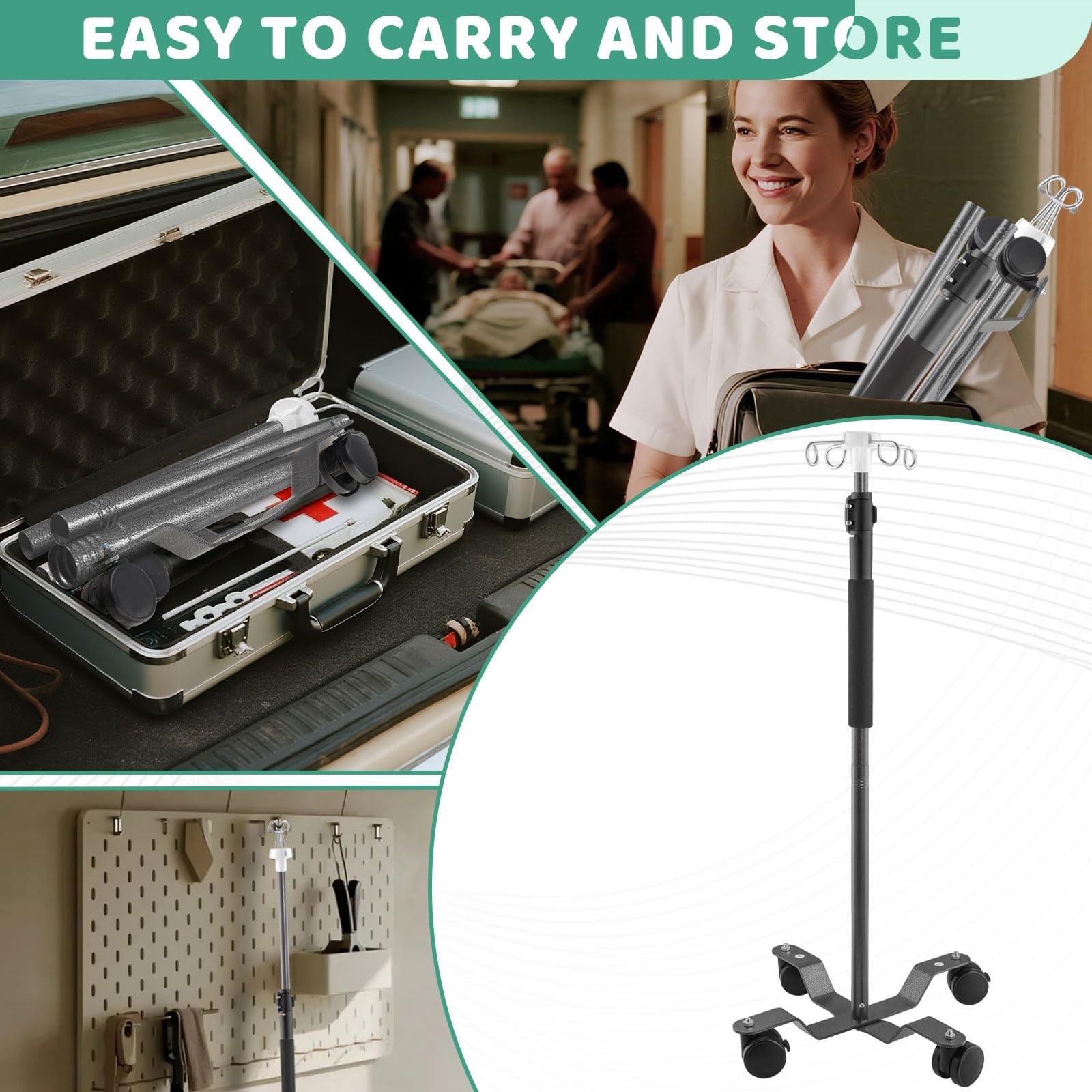 Portable IV Pole with Wheels, Adjustable 47-100″ Height, 4 Hooks, Stainless Stee