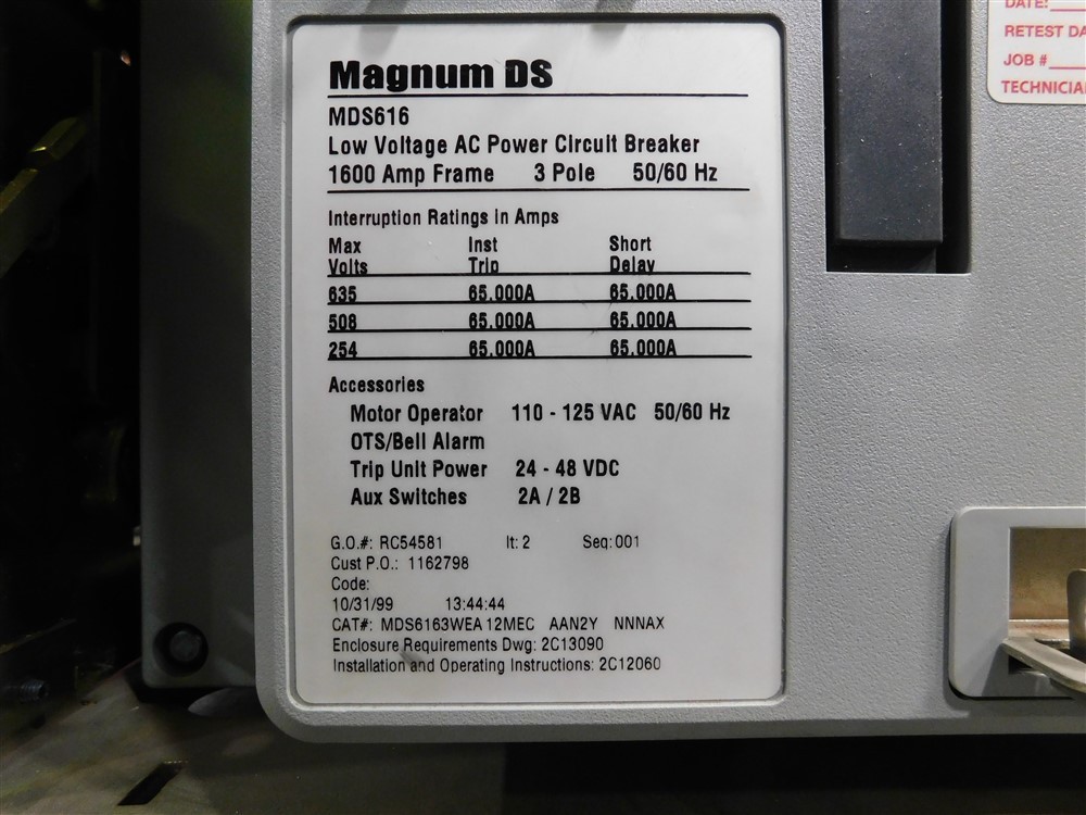 USED Cutler Hammer Magnum DS MDS616 Power Circuit Breaker 1600A 635V 1200A Plug