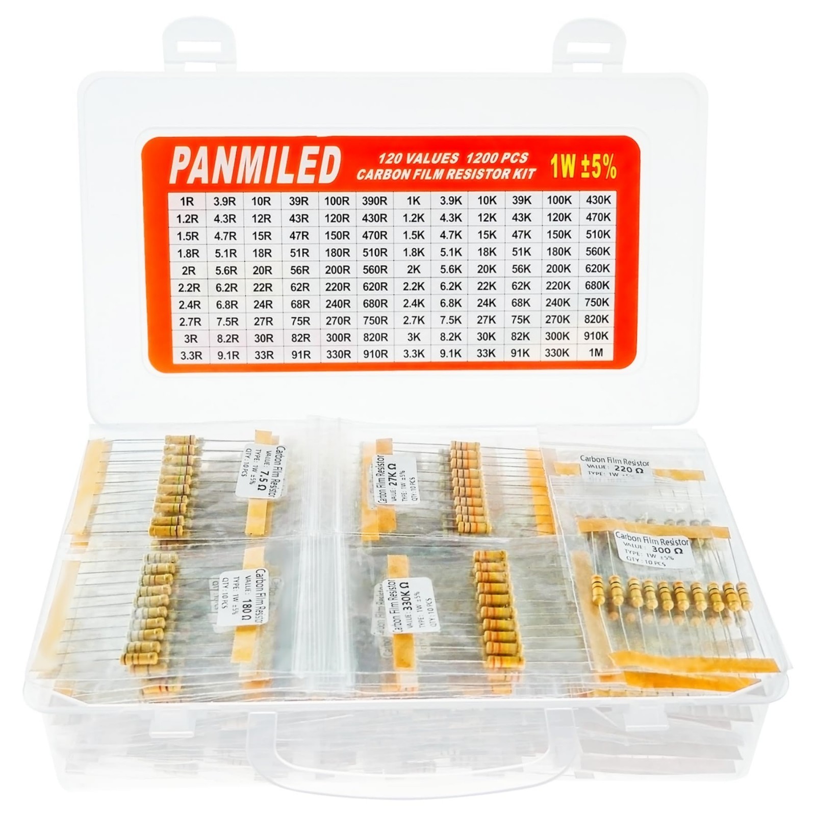 1200 Pieces Carbon Film Resistor Kit 1 Ohm to 1M Ohm 1W 5% Assortment Pack