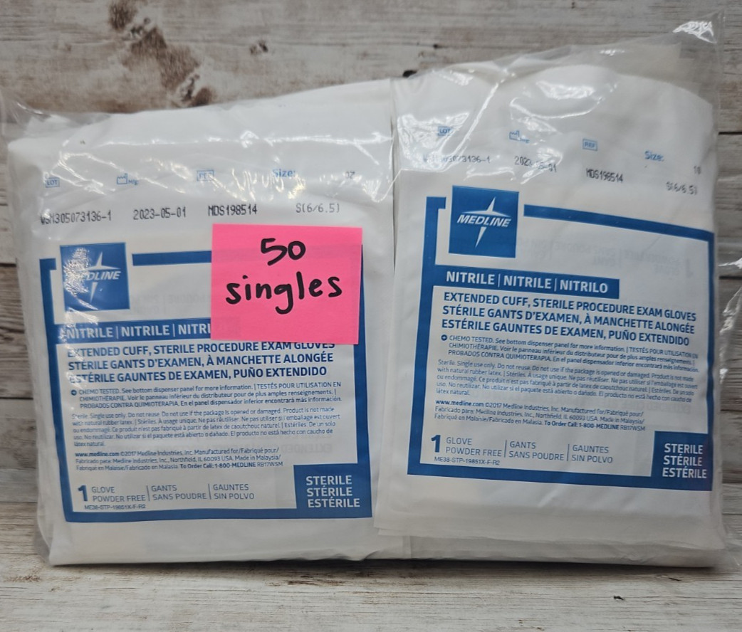 MEDLINE Nitrile Exam Gloves Extended Cuff *50 Single* Gloves Sterile Size: SMALL