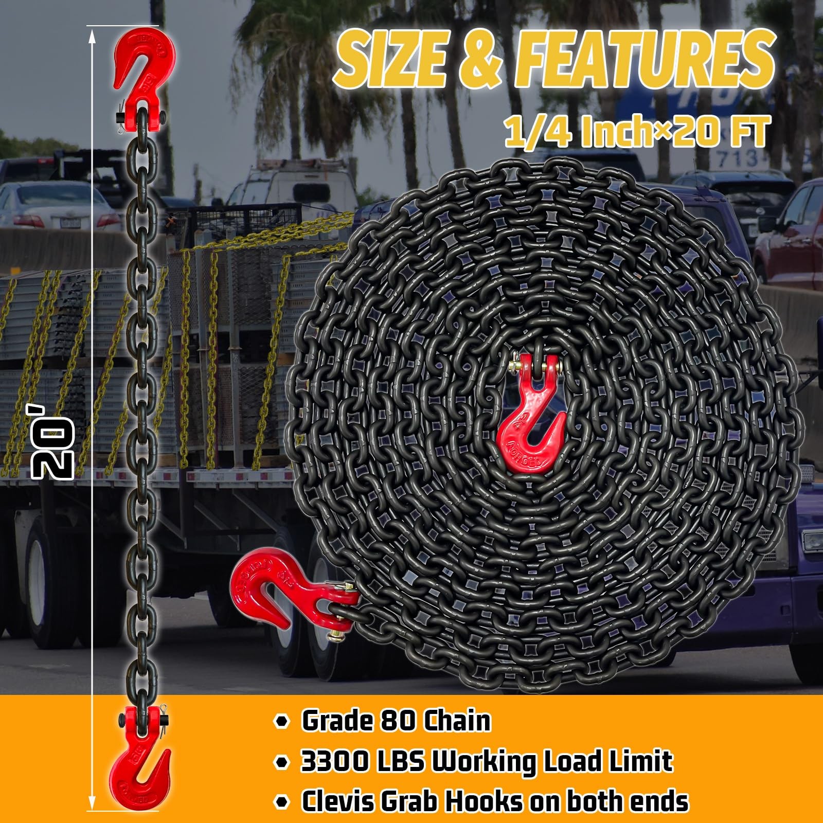 G80 Transport Binder Chain|1/4″—20 Ft Heavy Duty Chain Wll 3300 Lbs Break Streng