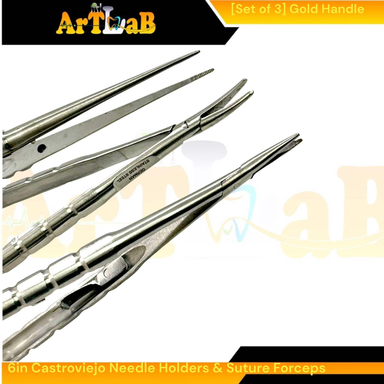 Set of 3 Castroviejo Needle Drivers Cur & Str + Suture Tying Forceps w/Guide Pin