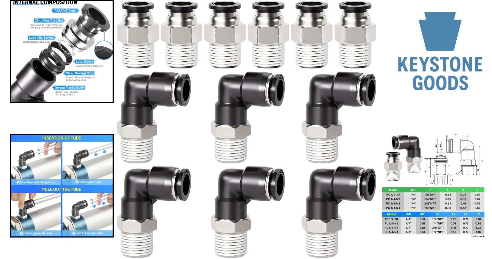 Pack of 12 Copper & Plastic Push-In Connect Fittings – Elbow & Straight, 1/4″…