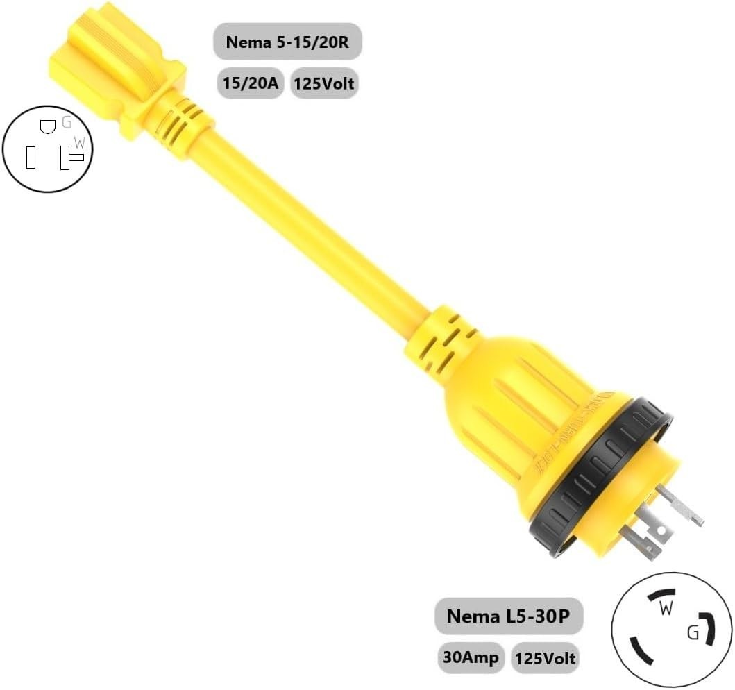 30 Amp L5-30P to 15 Amp 5-15R Marine Shore Power Cord Adapter Pigtail RV Boat