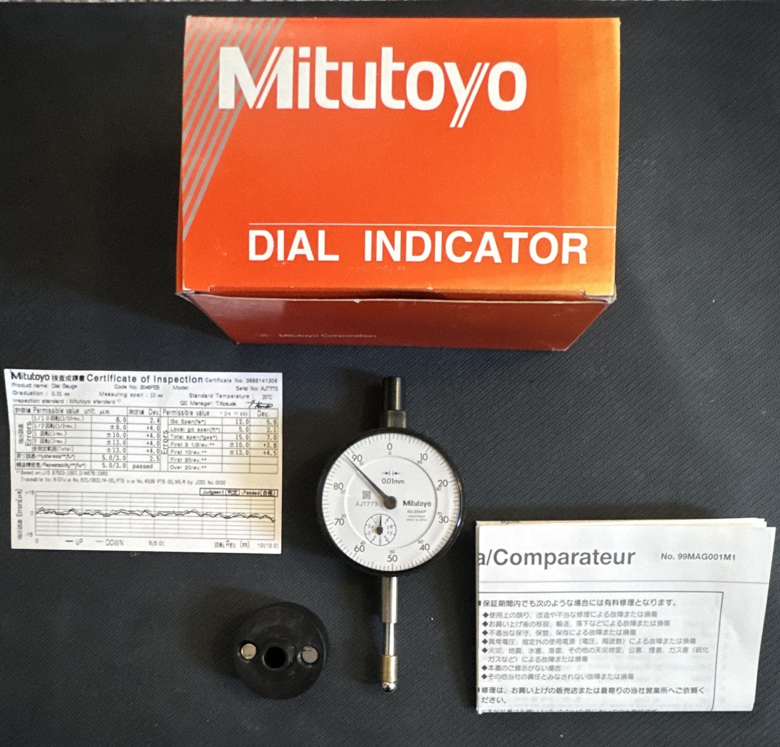 Mitutoyo Dial Indicator 0.01mm 0-10mm 2046FEB Lg Dial Flat Back Ball Tip NOS