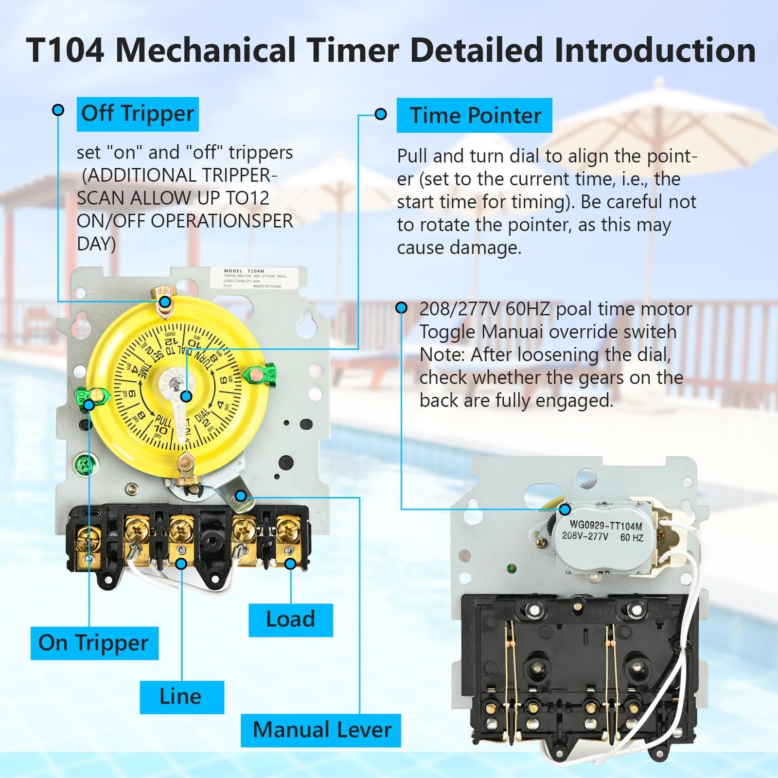 T104 Mechanical Timer Switch,208-277V AC DPST 40A,Pool Pump Switch,Heavy Duty…