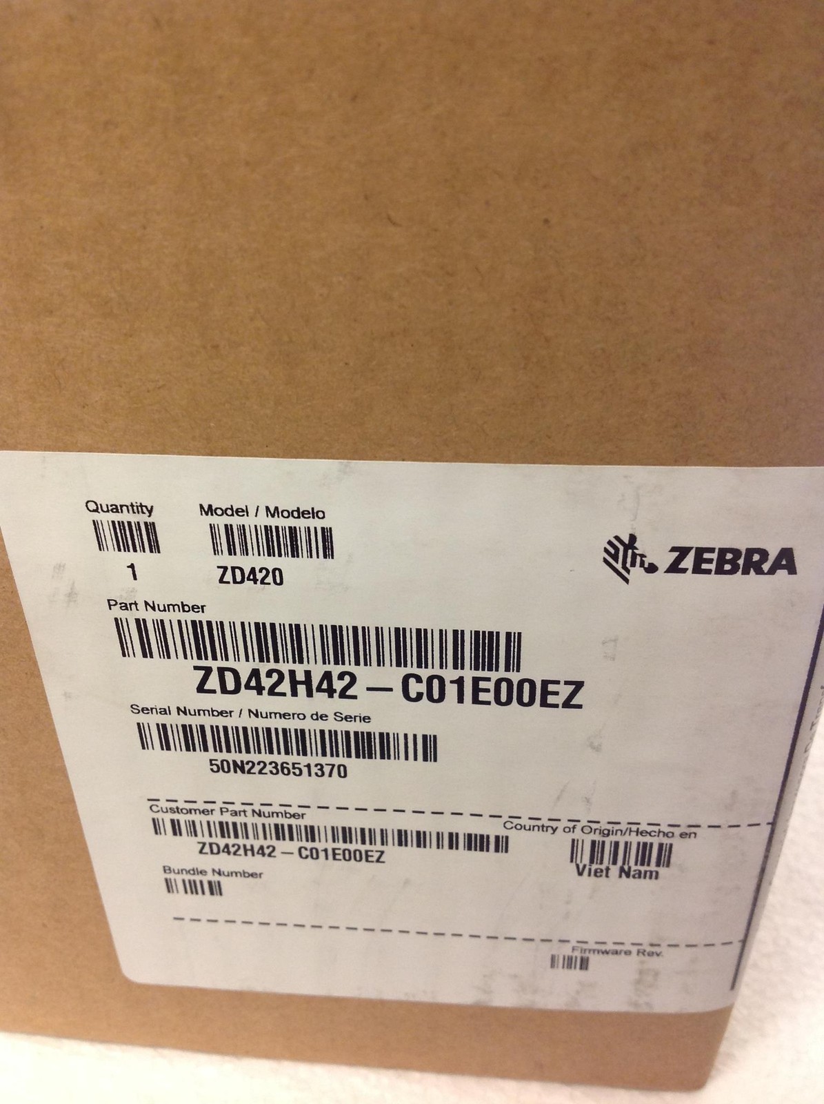 Zebra ZD420 Ethernet USB Thermal Transfer Barcode Label Printer ZD42H42-C01E00EZ