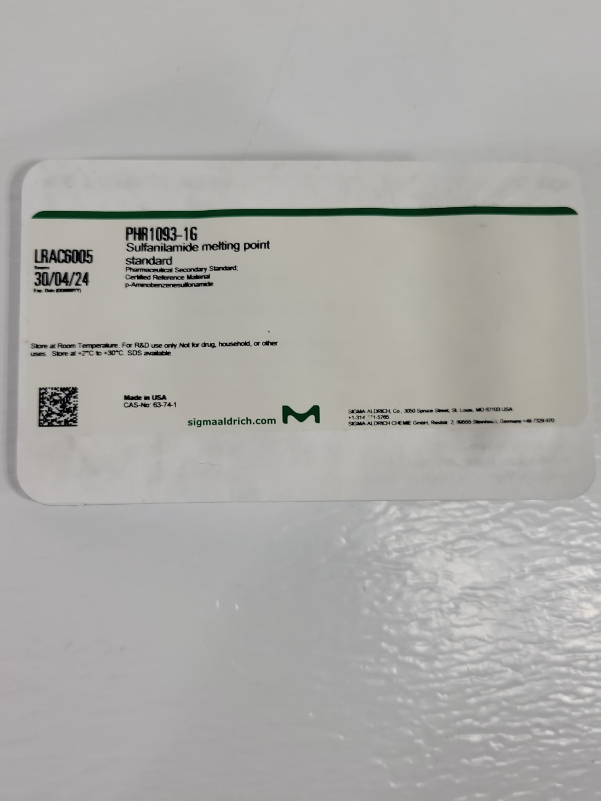Expired Sigma-Aldrich PHR1093-1G Sulfanilamide Melting Point CRM Standard 1g