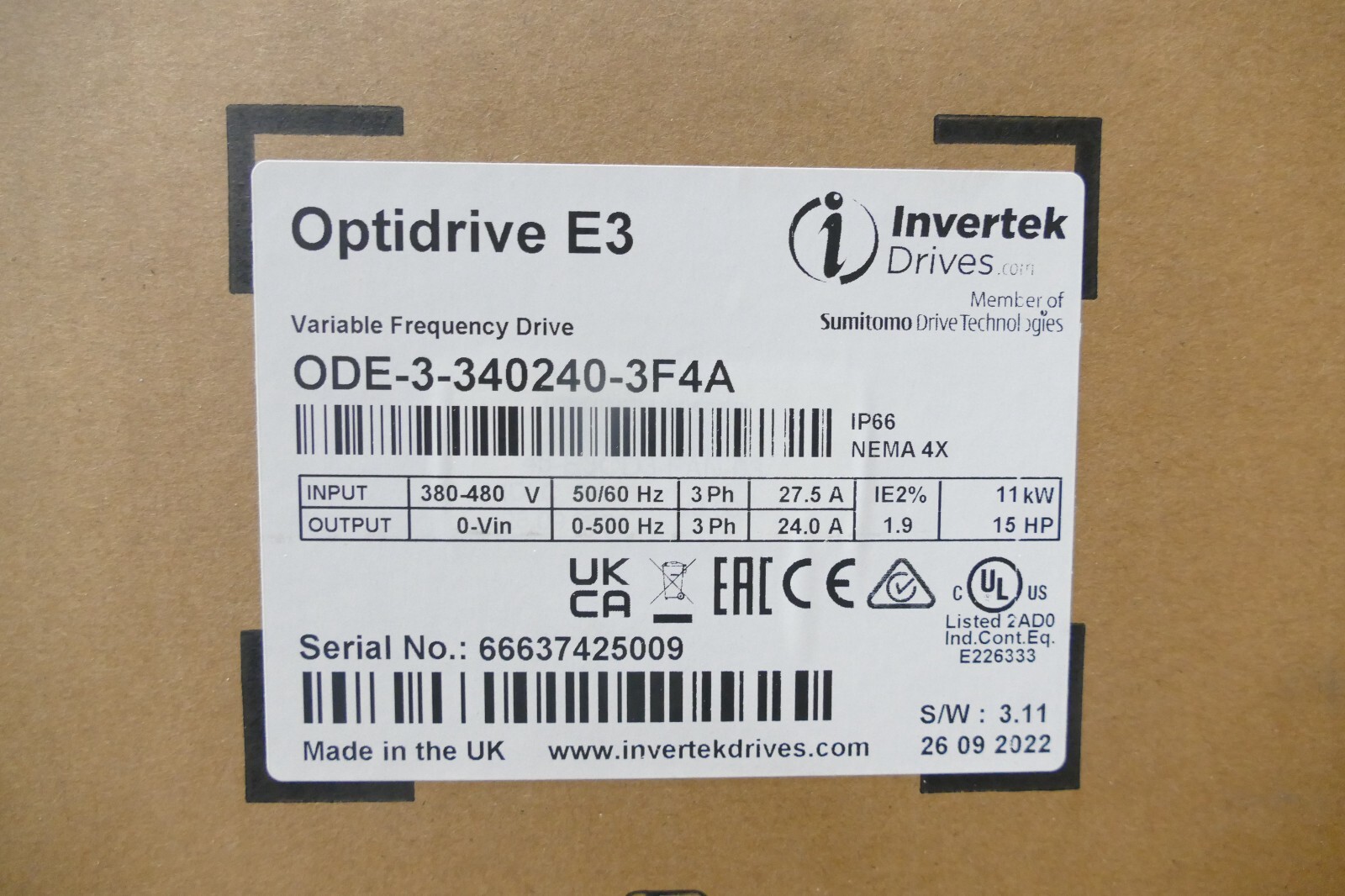 ODE-3-340240-3F4A – Invertek Optidrive E3 15HP VFD – (380V-480V, 3Ph, 24A)