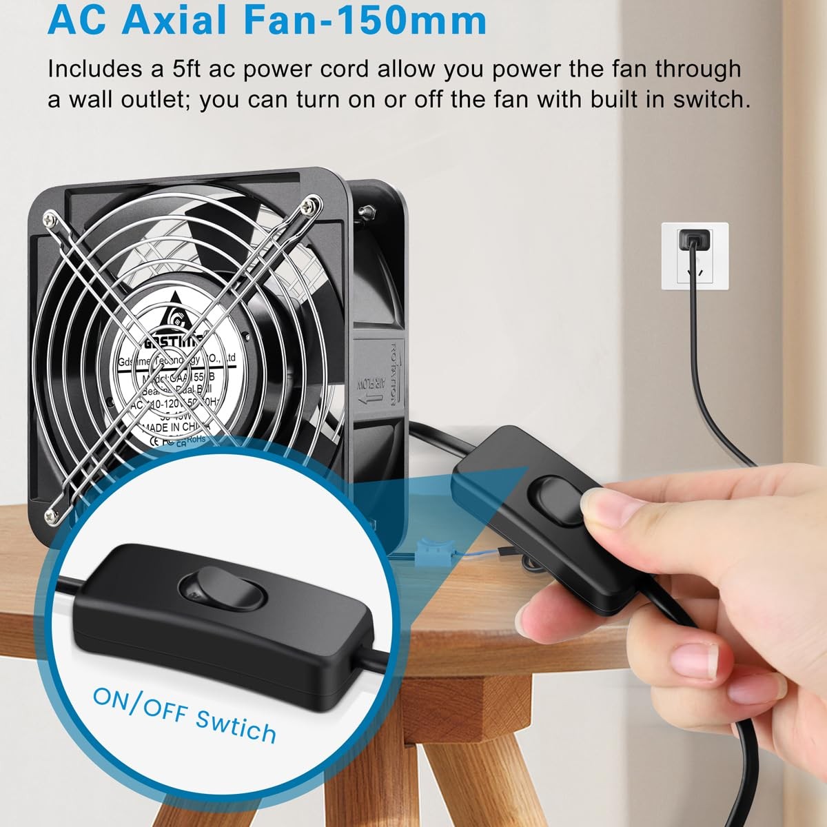 GDSTIME AXIAL Fan 15050, 110V 120V AC 150mm x 150mm x 50mm Fan, Ventilation Exha