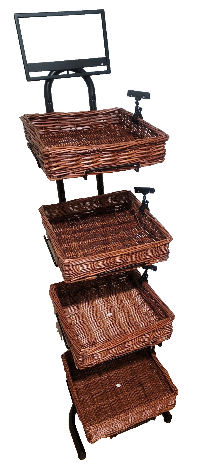 4 Tier Square Basket floor display for food w sign clips Mobile Merchandisers