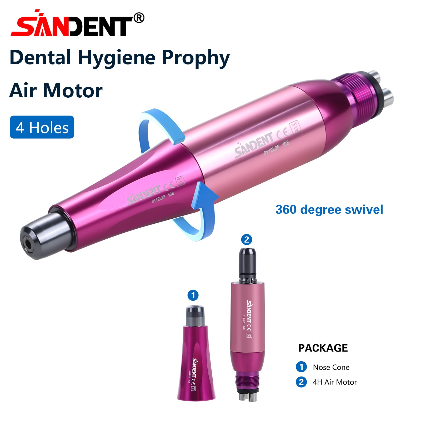 1-10 Dental Hygiene Prophy Handpiece Air Motor 4Holes 4:1 Nose Cone 360°Swivel
