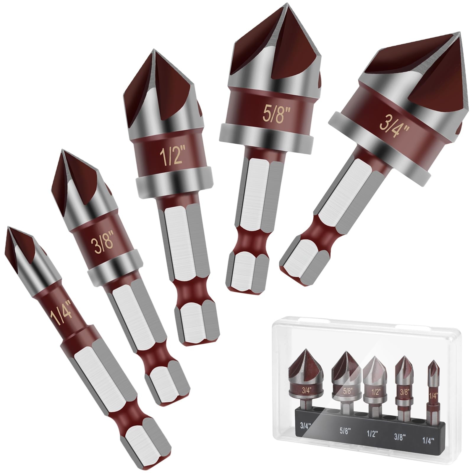 5PCS Countersink Drill Bit Set, 1/4″ Hex Shank 1/4”, 3/8”, 1/2”, 5/8”, 3/4”