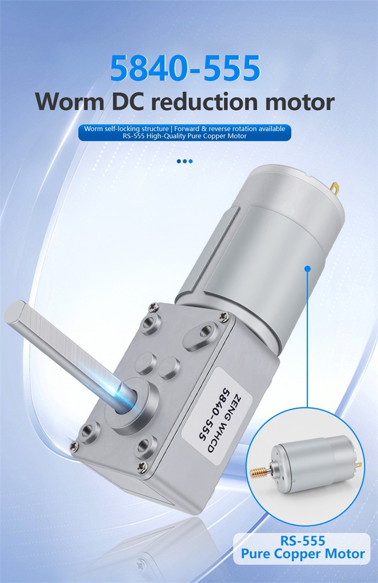 5840-555 Worm Gear Brush Motor 12V 24V Single Long Shaft Self-locking Metal Gear