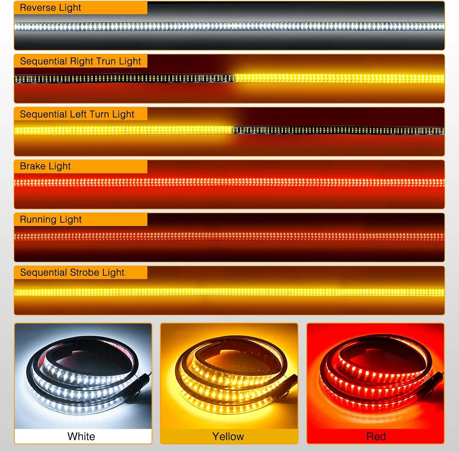 Truck Tailgate Light Bar 48″ Triple Row 360 LED Strip | 6 Function with Red Runn