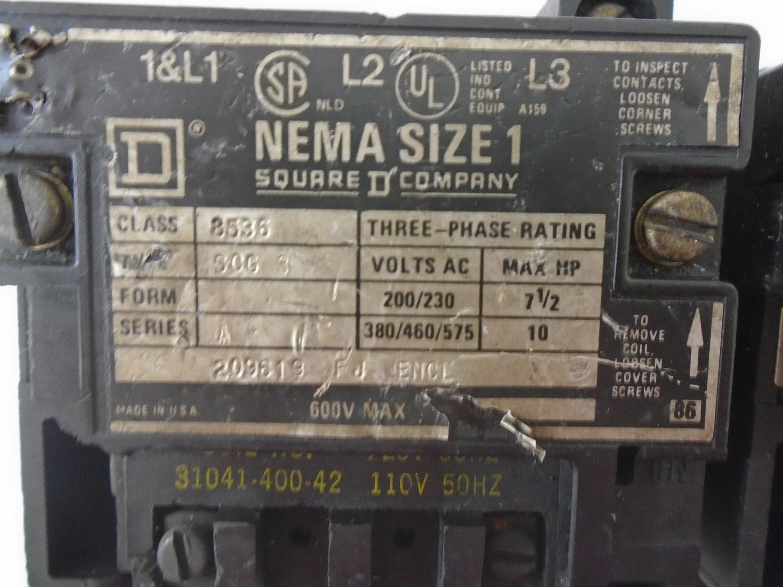 SQUARE D 8536 SCG / 8736 SCO3 SERIES A STARTER 3-PH SIZE 1 w/120V COIL